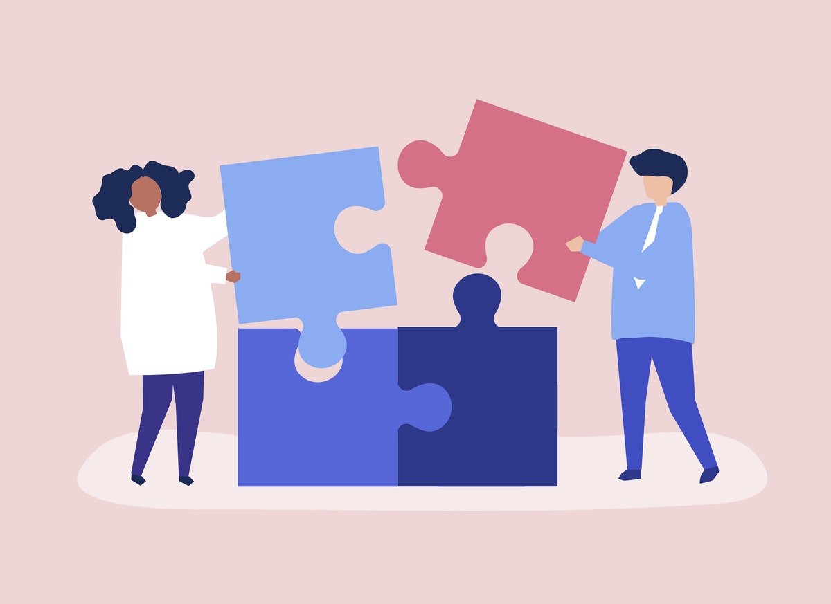 illustration of two people putting together 4 jigsaw puzzle pieces. The pieces are as big as the people, theer are two rows and two columns, and the people are just about to place the upper ones above the base ones