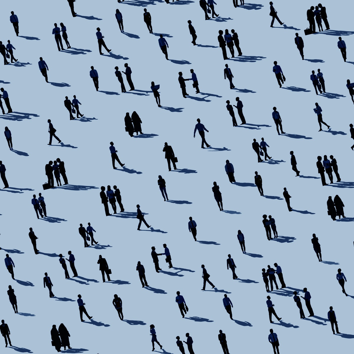 light blue background. dozens of people walking around or in small groups talking to each other, all illustrated in black,we can only see their profiles