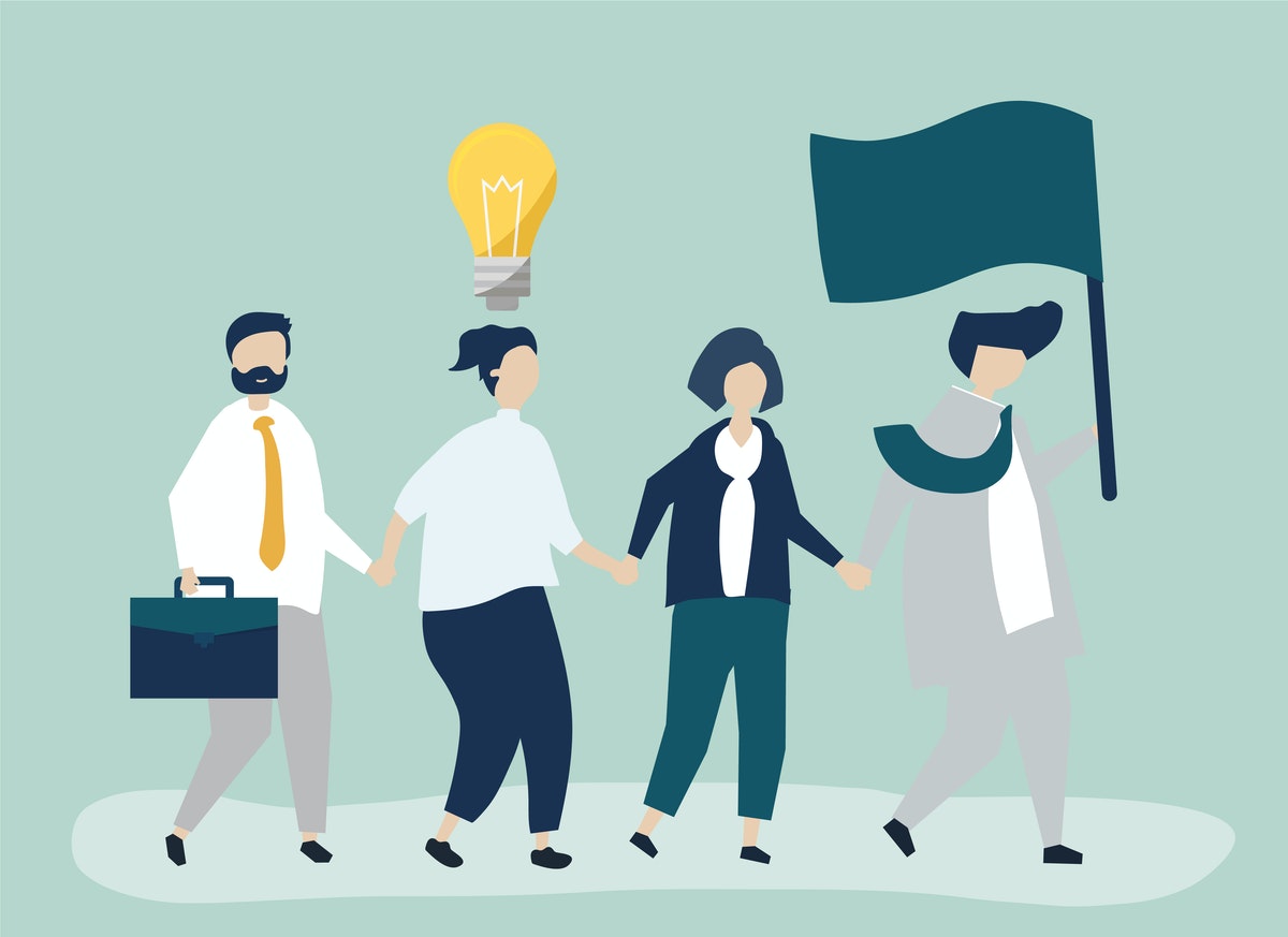 illustration of four people, one is holding a flag, one has a lightbulb over their head and one is holding a briefcase. Mint green background, they all seem to be walking