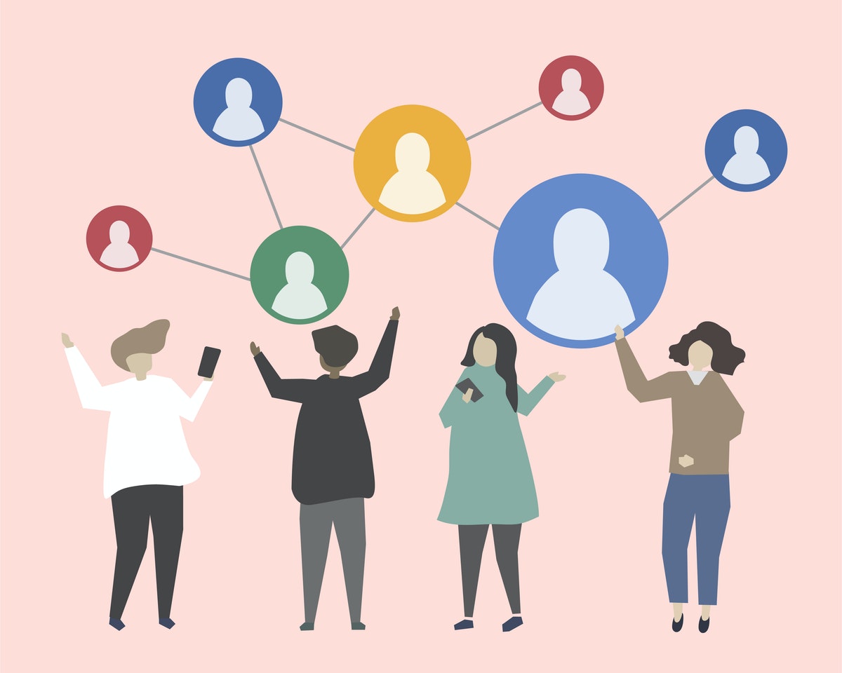 Illustration with a light pink background. 4 people standing up, and above them there are circles with generic profiles of a person within. The circles are 'floating' above, and connected to each other with dotted lines. The illustration represents a network of people