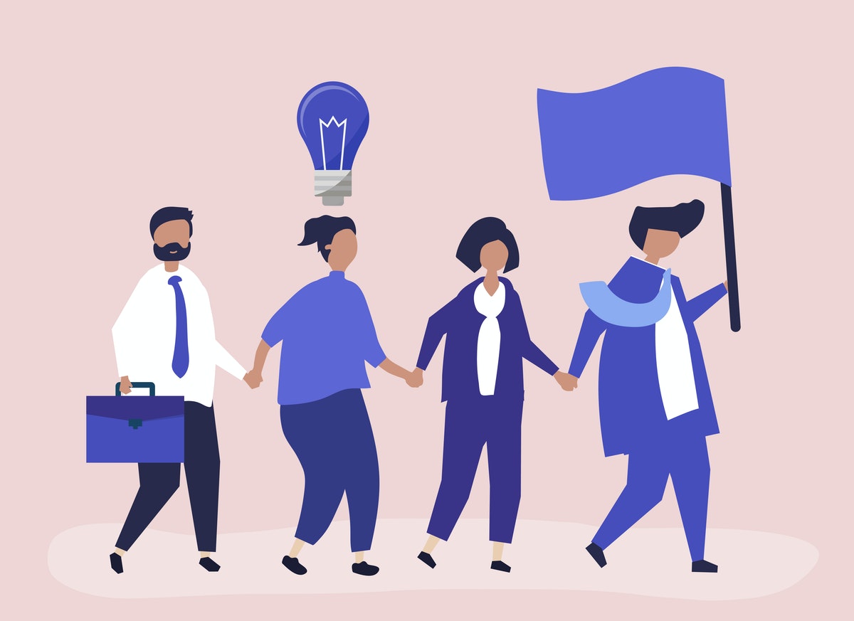 illustration of four people holding hands and walking towards something, with the first person leading the way and holding a flag