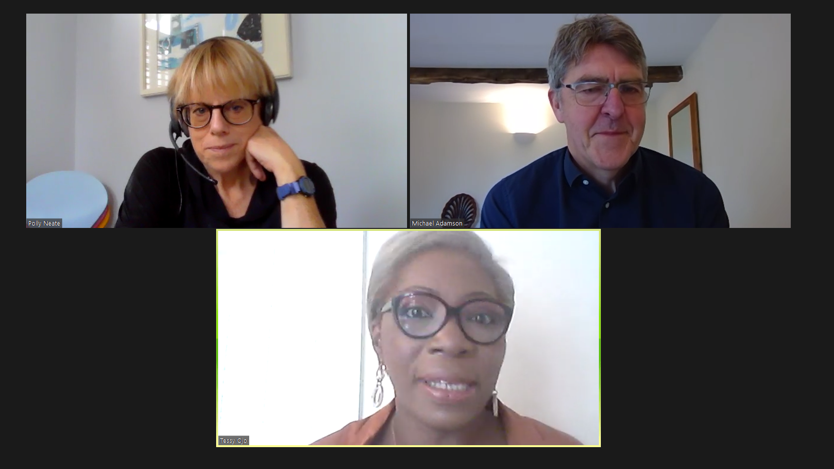 screenshot of Tessy Ojo, Polly Neate and Michael Adamson in a Zoom meeting