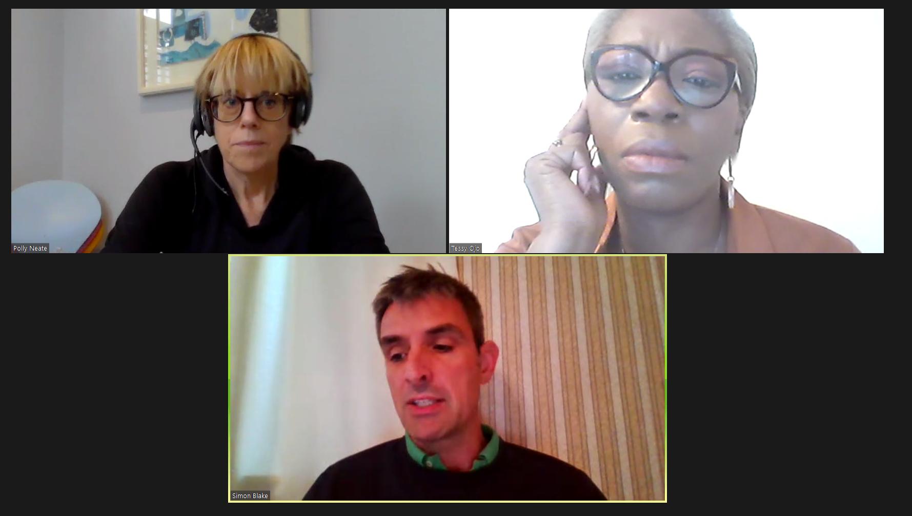 Polly Neate, Tessy Ojo and Simon Blake having a conversation using the platform Zoom
