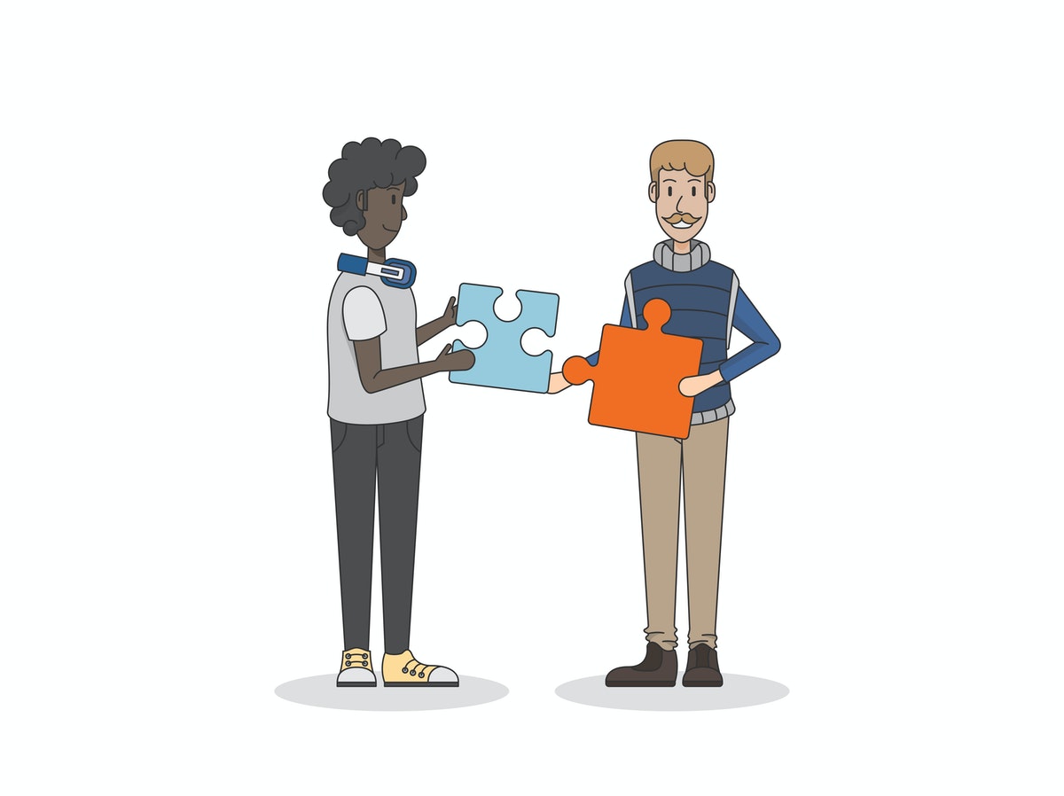 Illustration of two men holding one jigsaw puzzle piece each