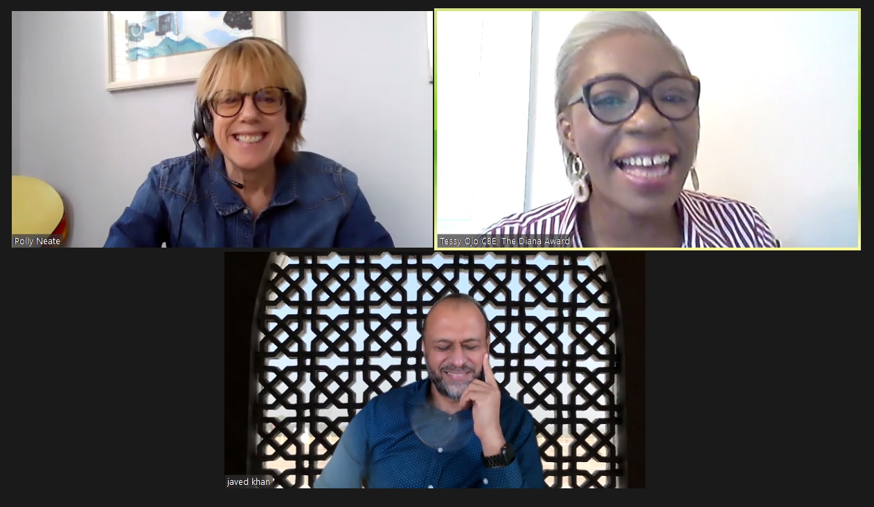 Screenshot of a Zoom conversation between Polly Neate, Tessy Ojo and Javed Khan