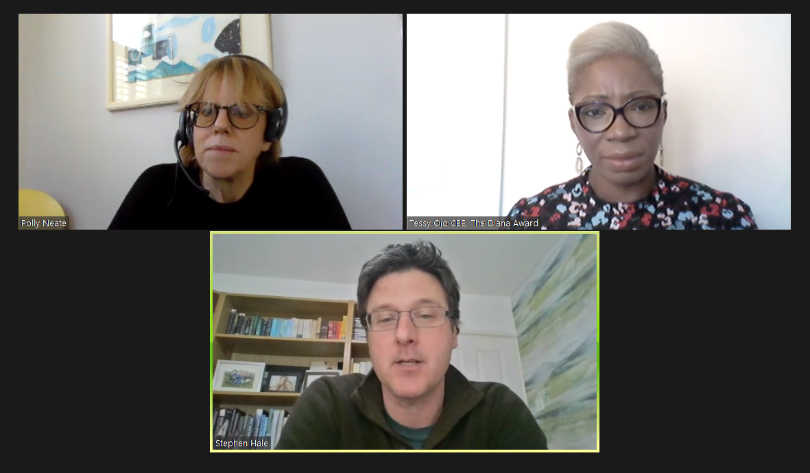 Screenshot of a Zoom conversation between Polly Neate, Tessy Ojo and Stephen Hale