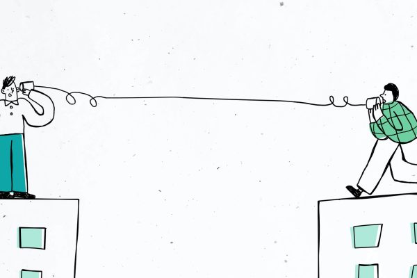 Illustration. Two people, each one standing on the top of a building, talking to each other using two cans attached to a wire